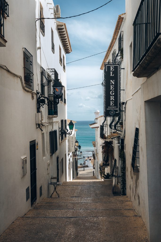Altea old town narrow streets with sea view