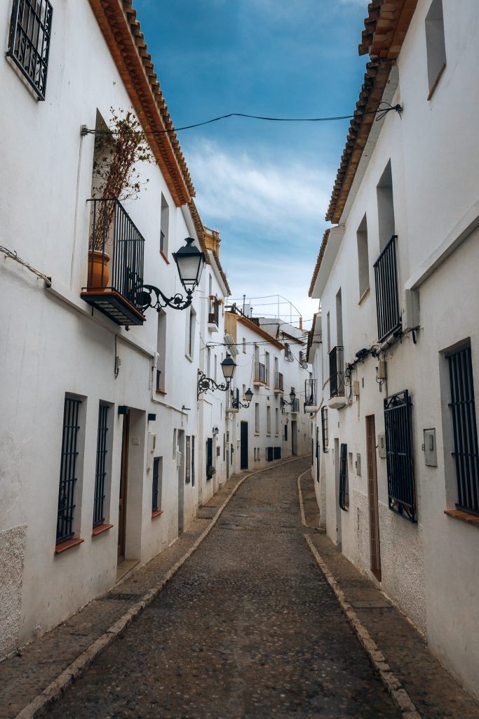 Narrow, cobbled old town streets in Altea Spain