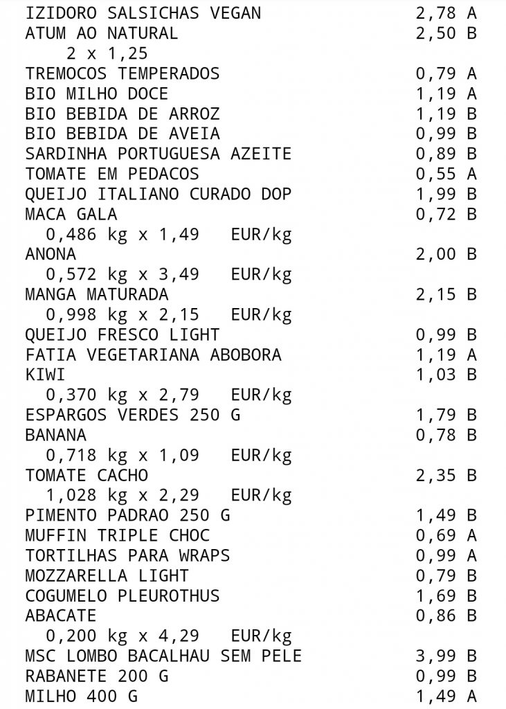 Costs of groceries in Portugal - receipt
