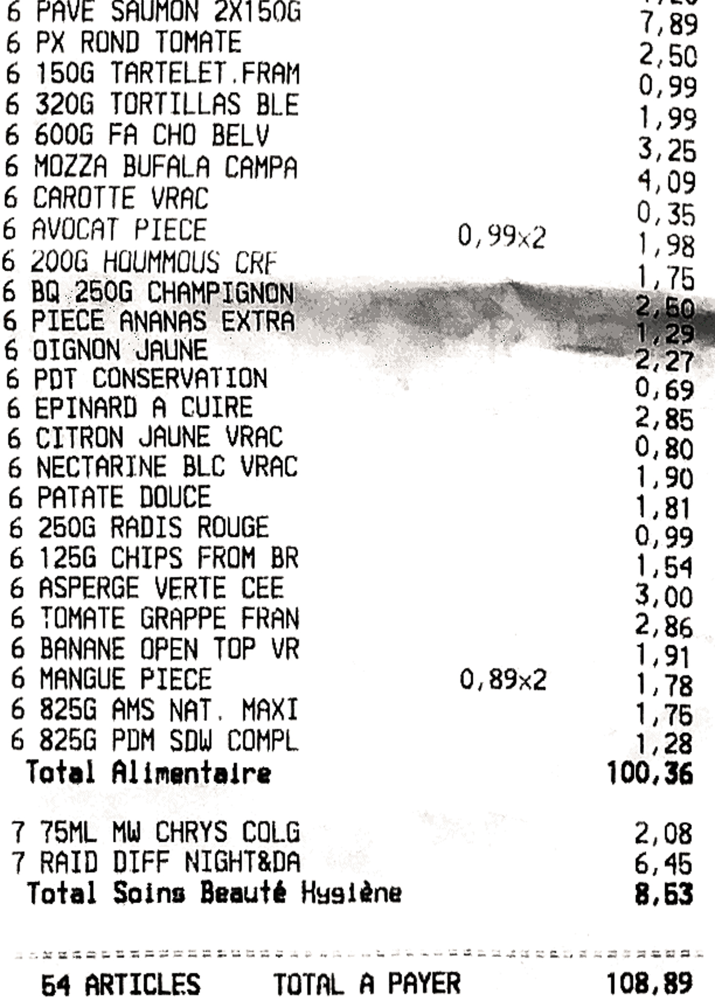 Cost of groceries in France - sample bill from Carrefour market
