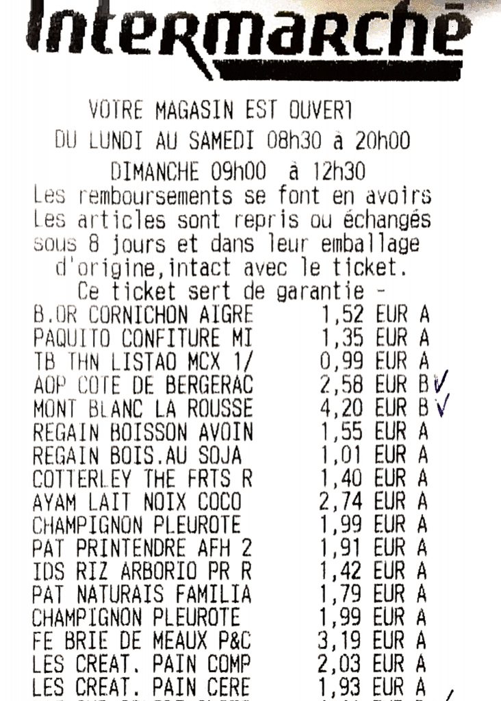 Cost of groceries in France - sample bill from Intermarche