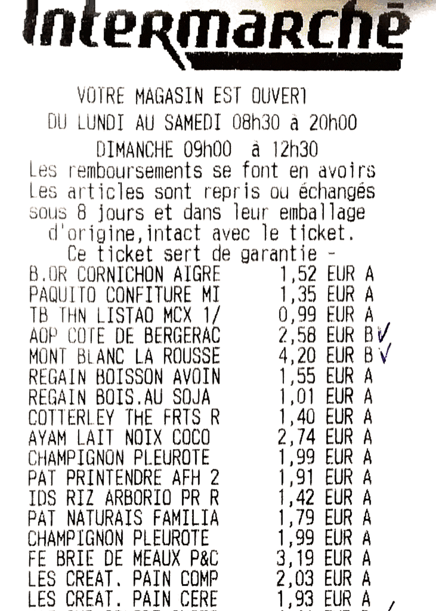 Cost of groceries in France - sample bill from Intermarche