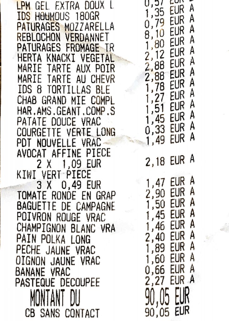 Cost of groceries in France - sample bill from Intermarche store