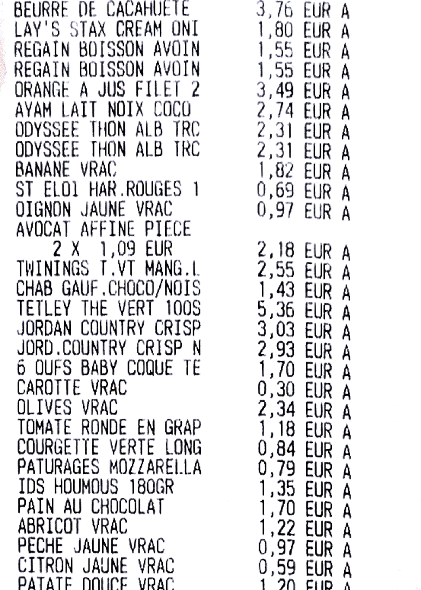 Cost of groceries in France - sample shop bill