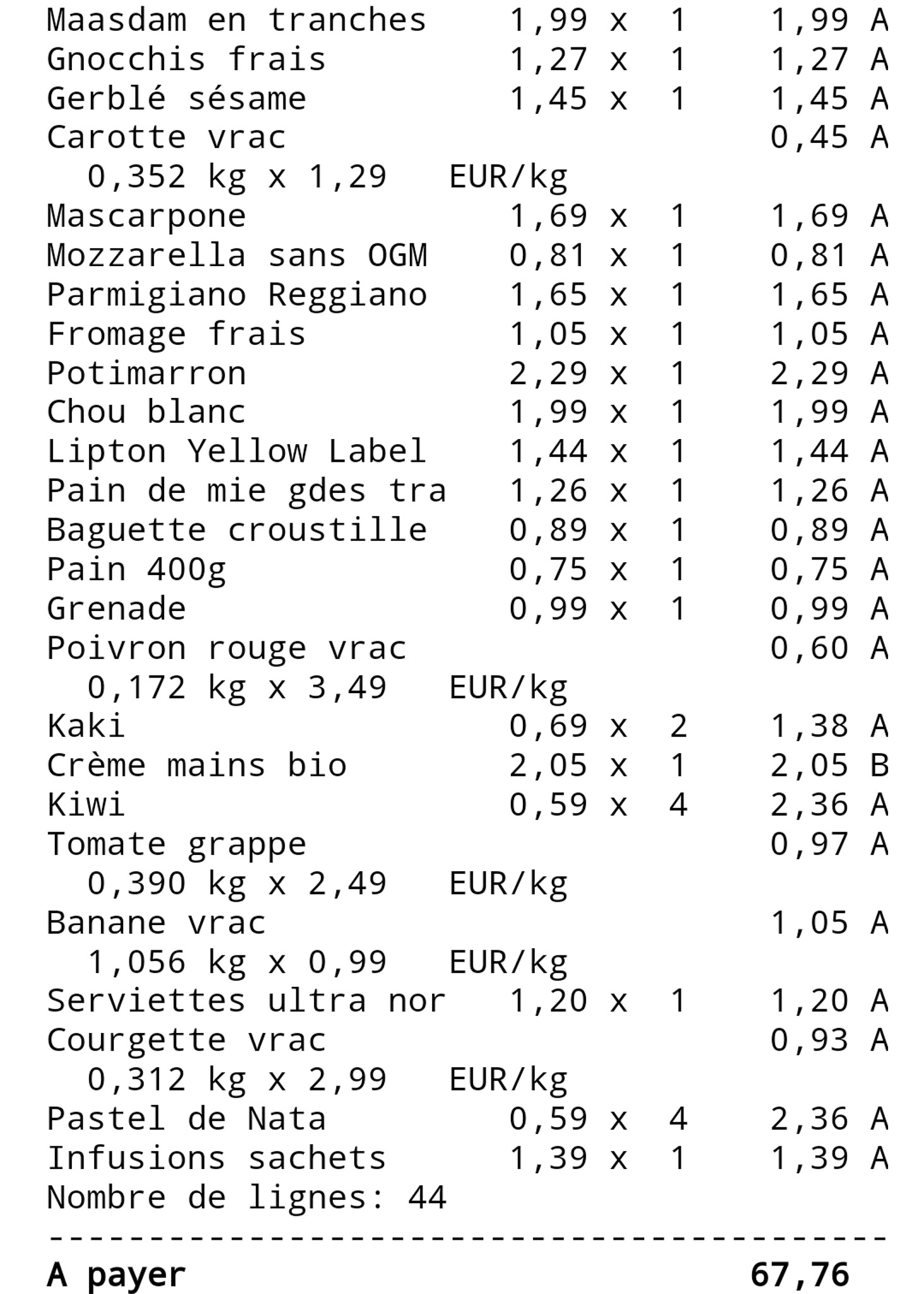 Cost of living in France - sample supermarket bill