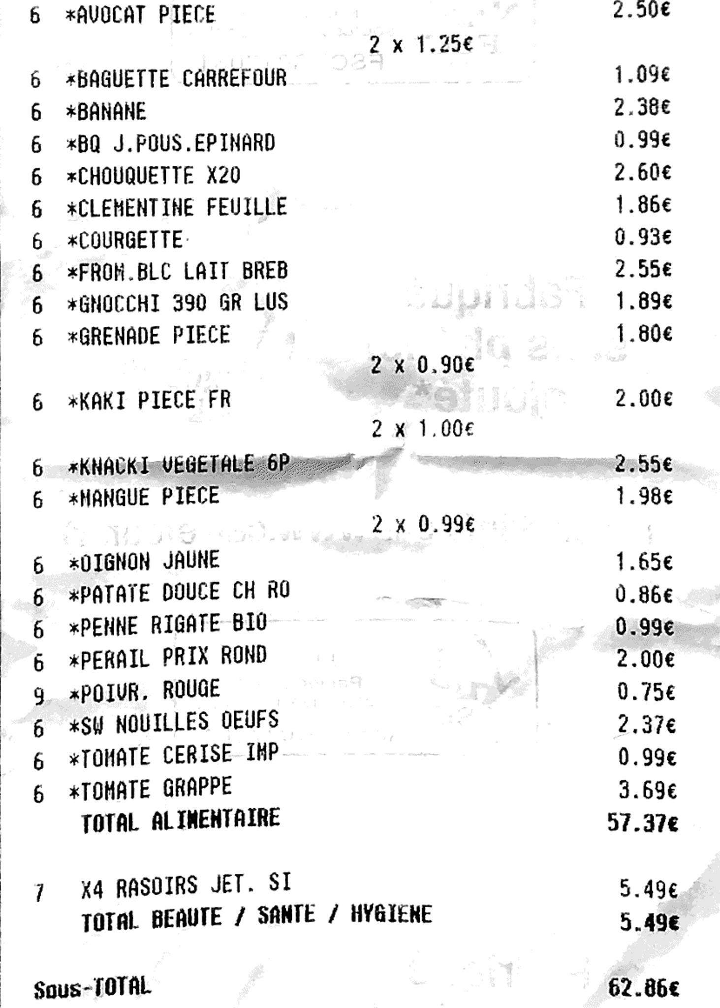 Cost of living in France - sample supermarket bill