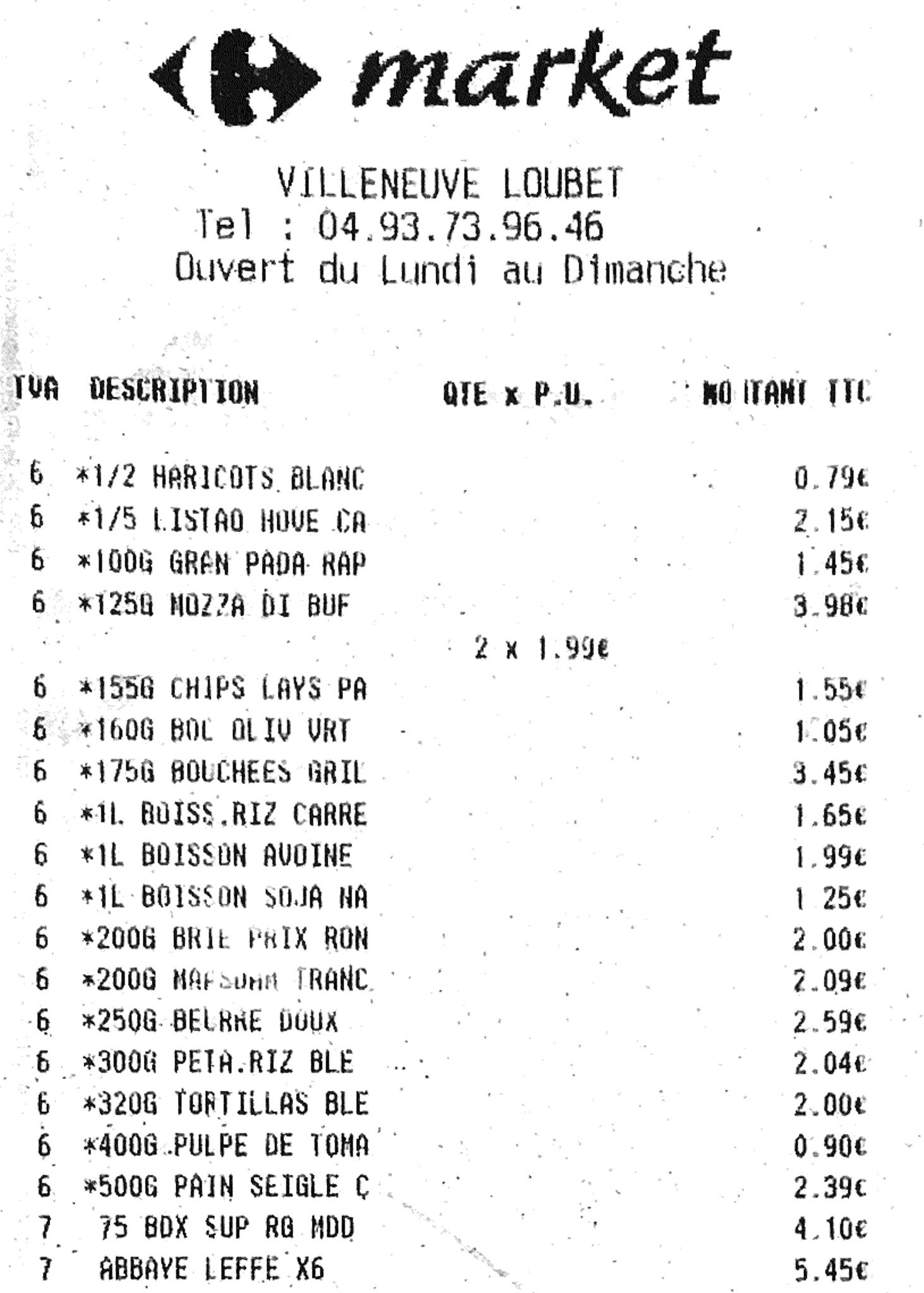 Cost of living in France - sample supermarket bill