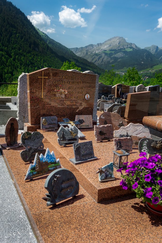 Graves in Chatel cemetery with Alps views