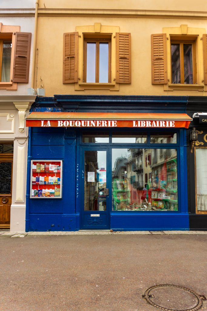 Book shop window in Evian Les Bains on Rue Nationale
