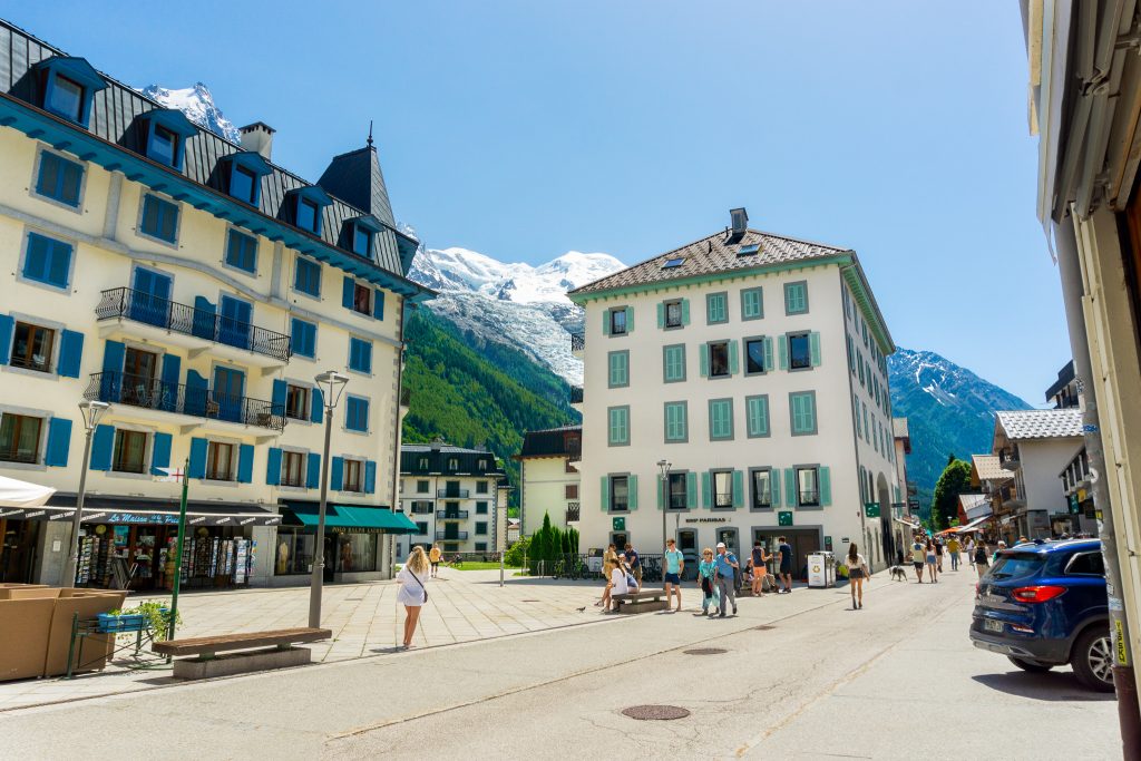 Chamonix France Old Town Center - colorful buildings and Alps views
