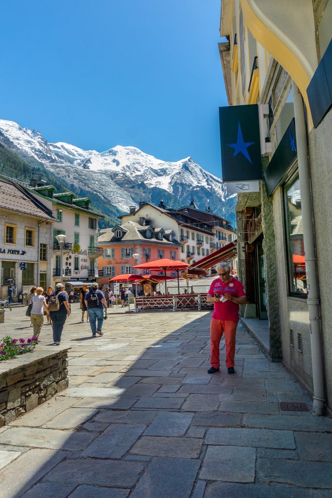 Chamonix France Old Town main square with Mont Blanc view
