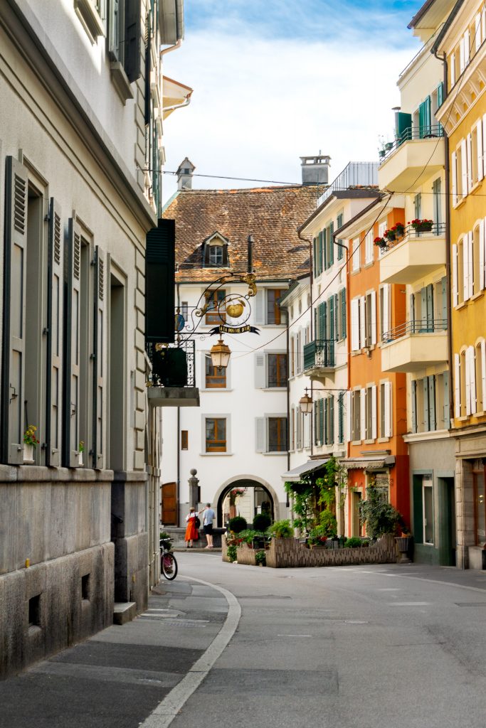 Charming colorful Old Town street in Vevey, Switzerland near Lausanne