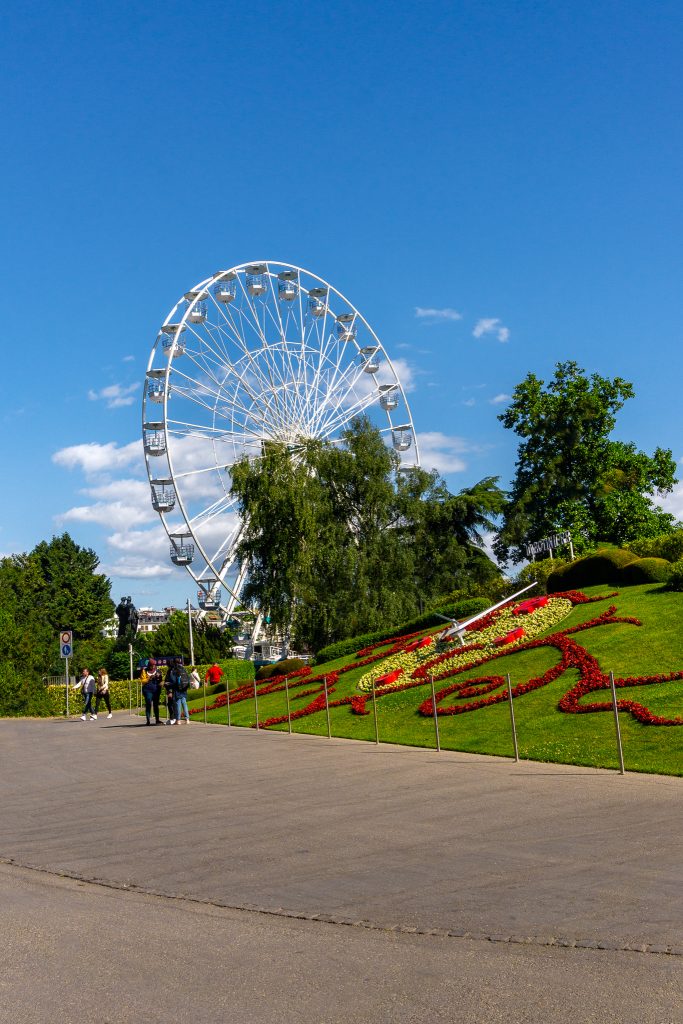 Jardin Anglais with the Flower Clock and Ferris Wheel in Geneva Switzerland