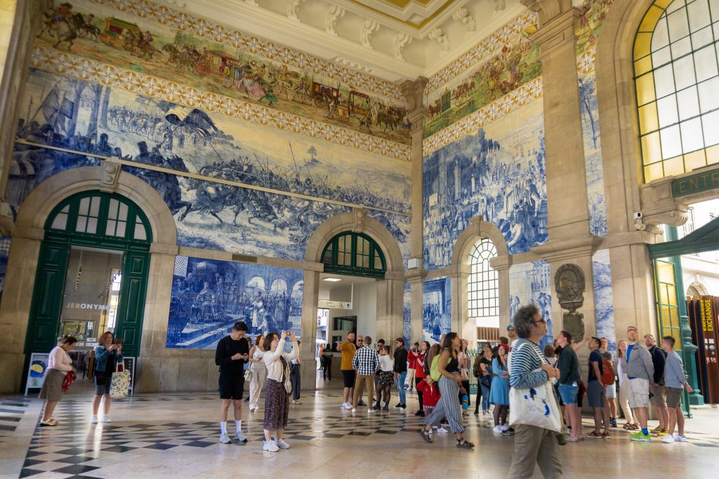 Azulejos interior in Sao Bento Train Station in Porto Portugal