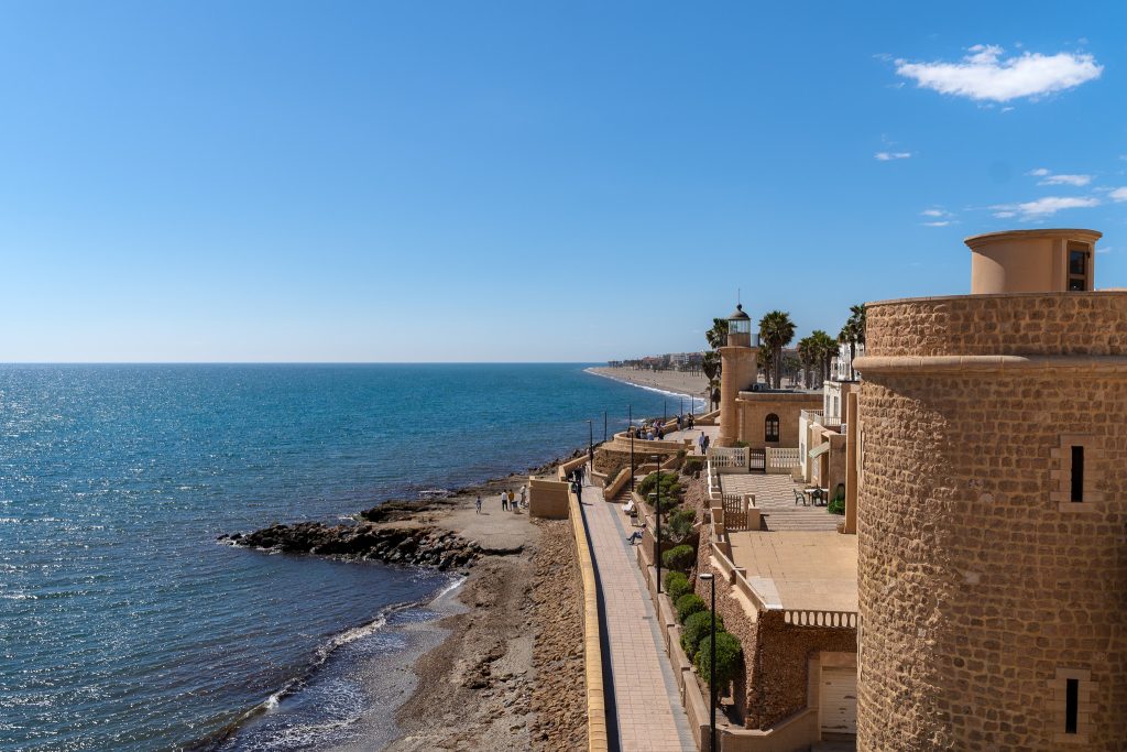 Views over coast from Santa Ana Castle in Roquetas de Mar, Spain