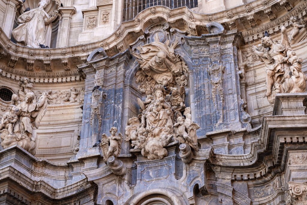 Murcia Cathedral - details on facade visible from Plaza del Cardenal Belluga