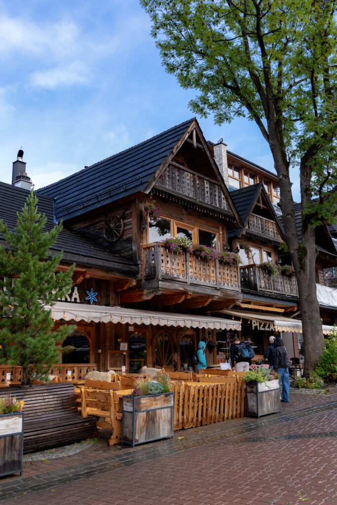 Traditional wooden building on Krupowki Street in Zakopane