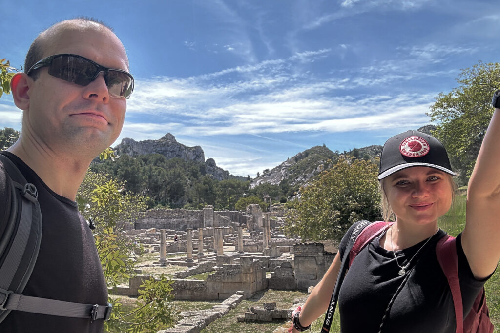 Happy Little Traveler team exploring Glanum in Saint Remy de Provence