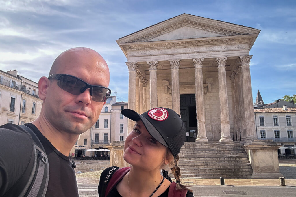 Happy Little Traveler team exploring Nimes France