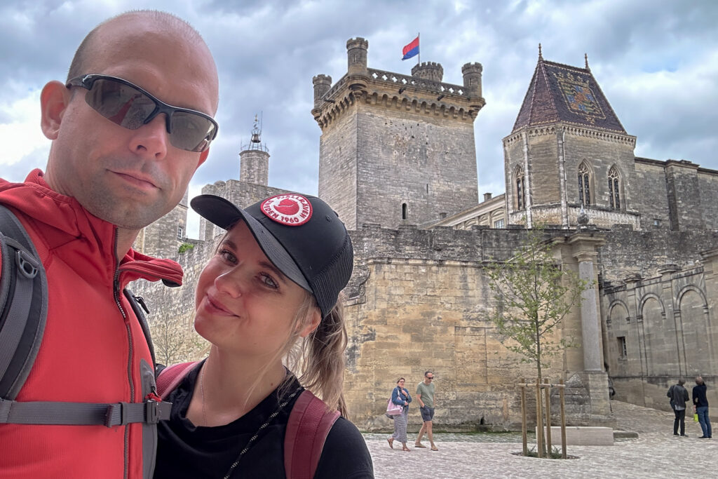 Happy Little Traveler team exploring medieval Uzes France