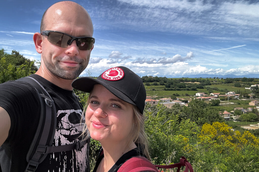 Happy Little Traveler team exploring Châteauneuf du Pape
