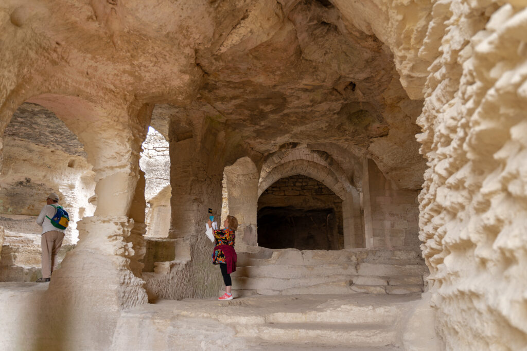 Exploring troglodyte Monastery of Saint-Roman