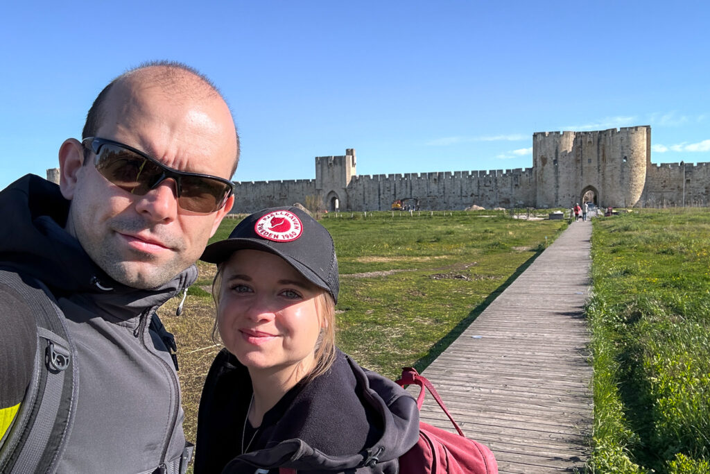 Happy Little Traveler team exploring Aigues Mortes France